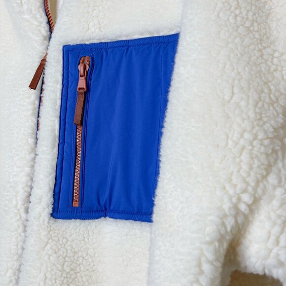 Fabletics Rylan Faux Sherpa Jacket 2X Cream Blue Pocket Zip Teddy Fleece Cozy - Picture 5 of 9